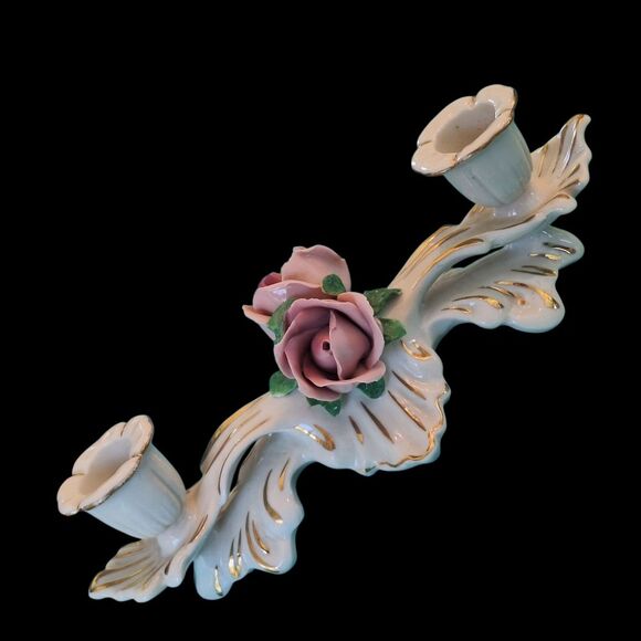 Vintage Dresden Double Candelabra Roses Candlestick Holder Capodimonte Style - Picture 7 of 14